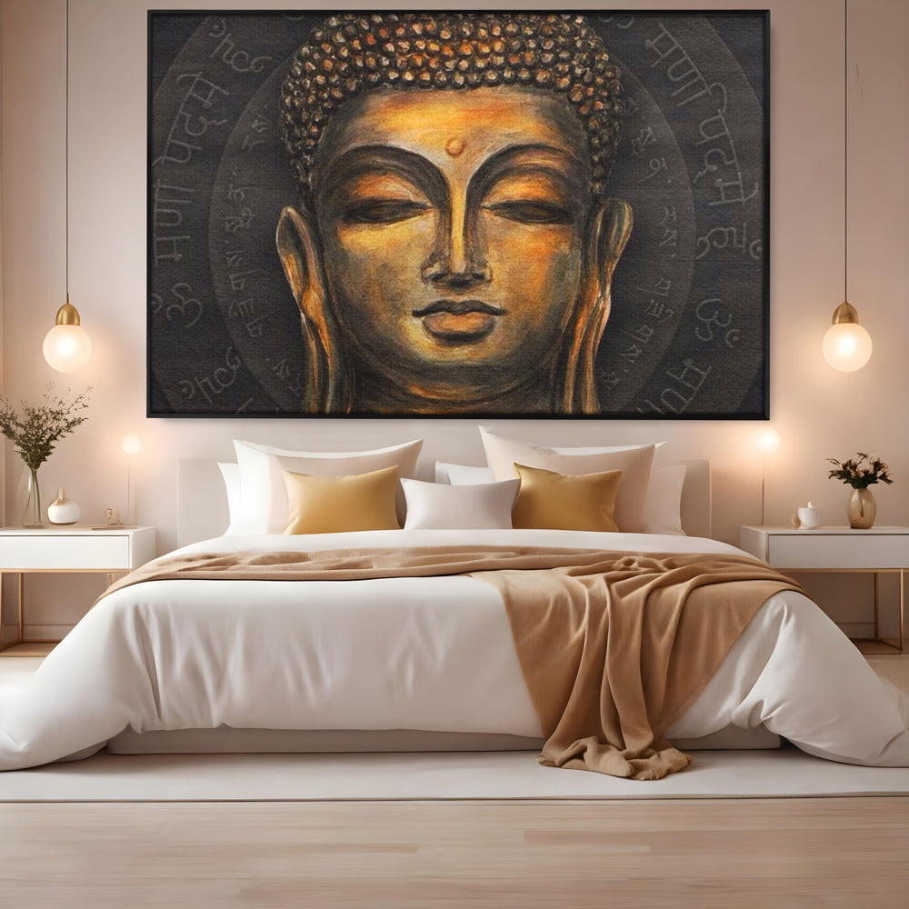 Tablou canvas cu pictura cu chipul lui buddha, in rama de aluminiu negru, pe perete intr-un dormitor